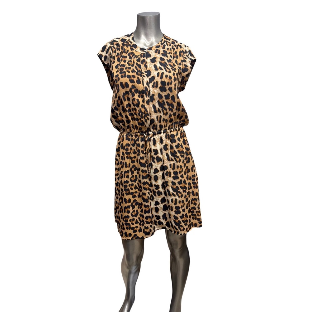 DR2 Leopard Print Cap Sleeve Mini Dress Tan Brown Black Small Split Neck‎